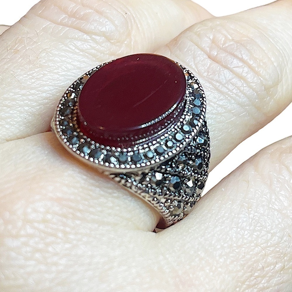 Vintage Art Deco Inspired Large Marcasite And Faux‎ Carnelian Cocktail Ring 7.5